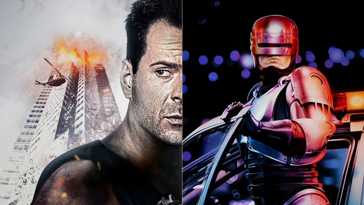 Bruce Willis in Die Hard and Peter Weller as RoboCop — two cornerstones of 80s action