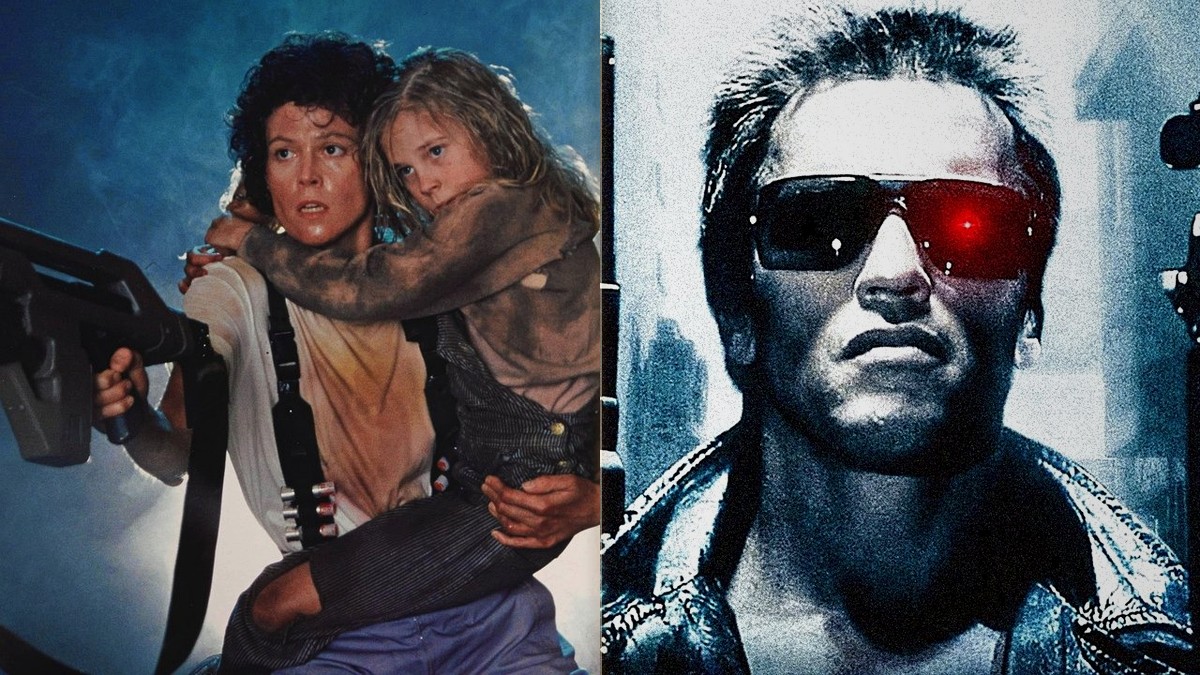 Sigourney Weaver as Ripley in Aliens and Arnold Schwarzenegger in The Terminator