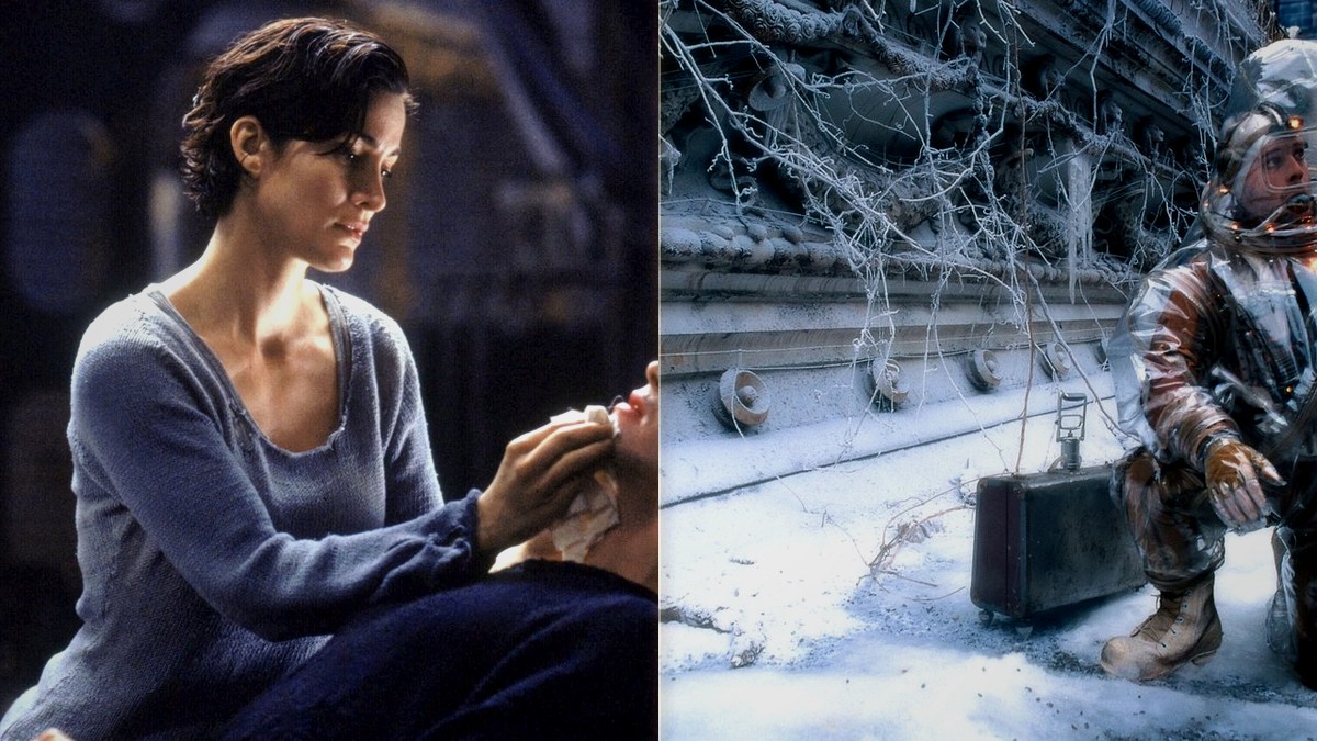 Carrie-Anne Moss as Trinity in The Matrix and a frozen New York in Twelve Monkeys