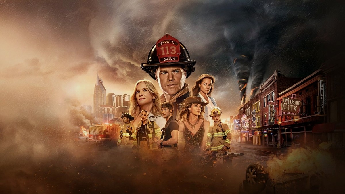The 9-1-1: Nashville ensemble cast in a stylized key art poster, with Captain Don Hart front and center.