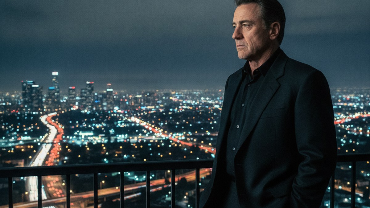 Neil McCauley looking out over Los Angeles at night