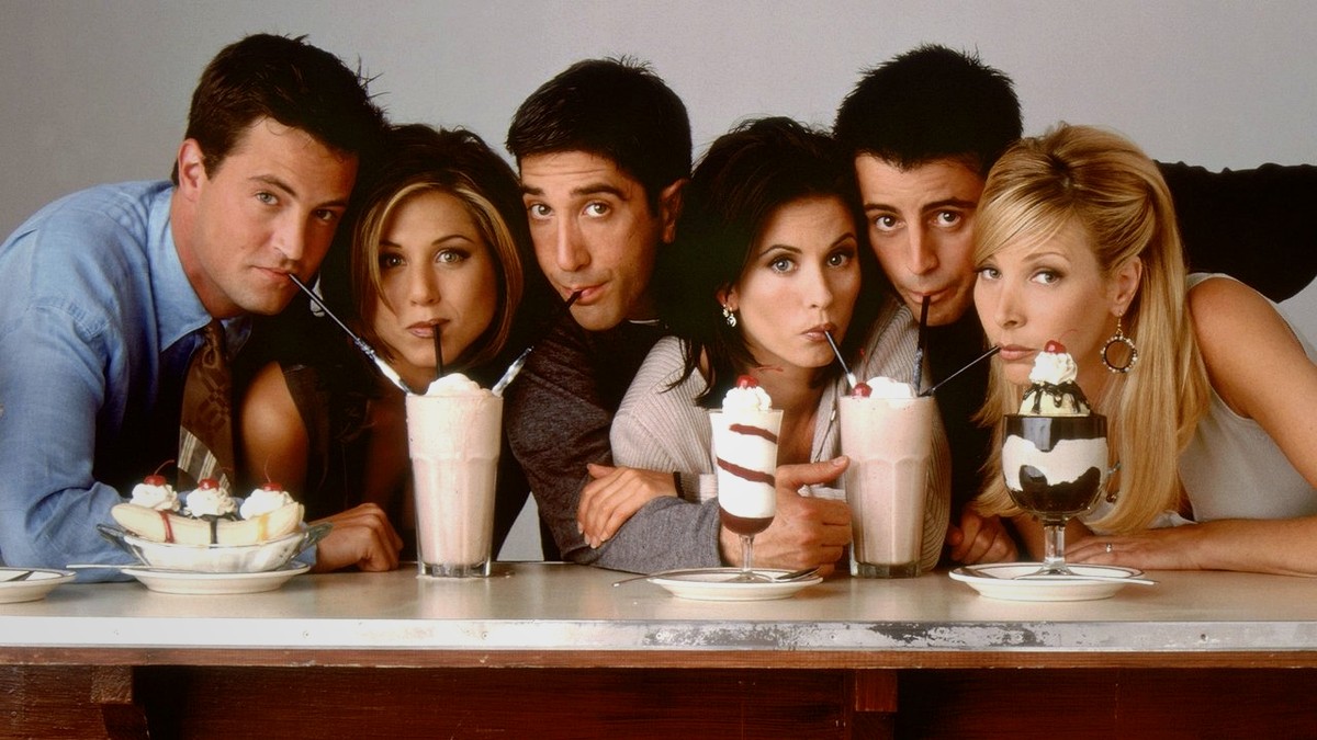 The Friends cast in the iconic milkshake promo shoot