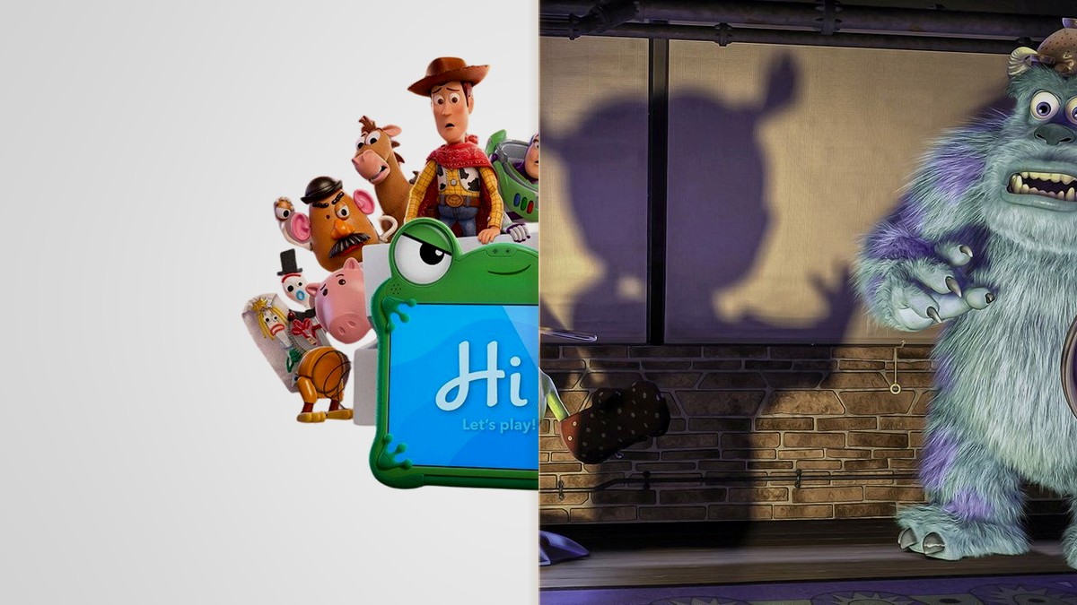 Two corners of the Pixar universe: the Toy Story gang and a watchful Sully from Monsters, Inc.