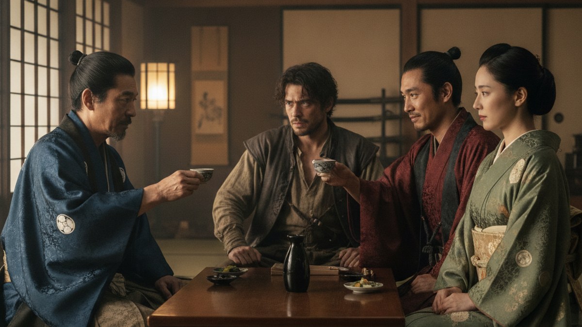 Toranaga shares a drink with Blackthorne and Mariko at a low table