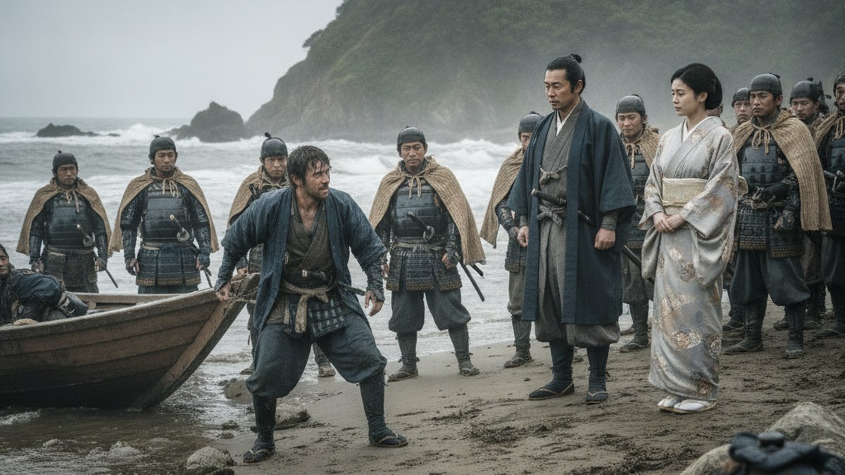 Blackthorne washed ashore, confronted by Toranaga and Mariko on the beach