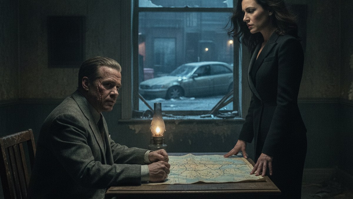 Oz and Sofia, lit by a lantern, study a map across a table in a wrecked safehouse