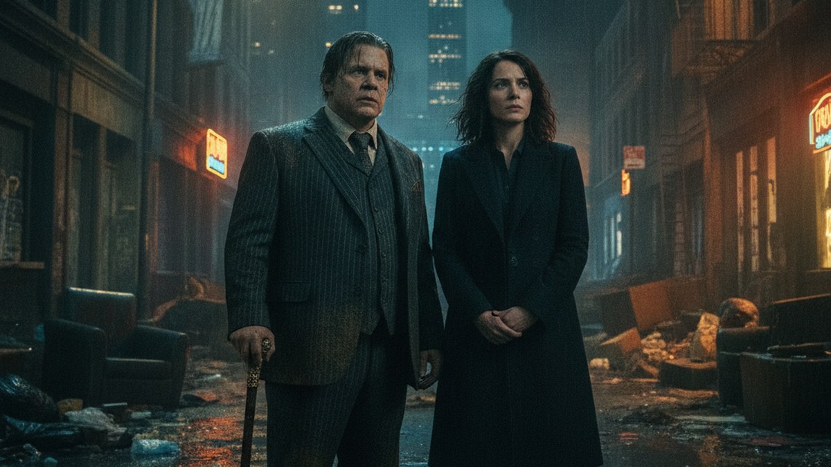 Oz and Sofia stand together on a neon-lit Gotham street at night