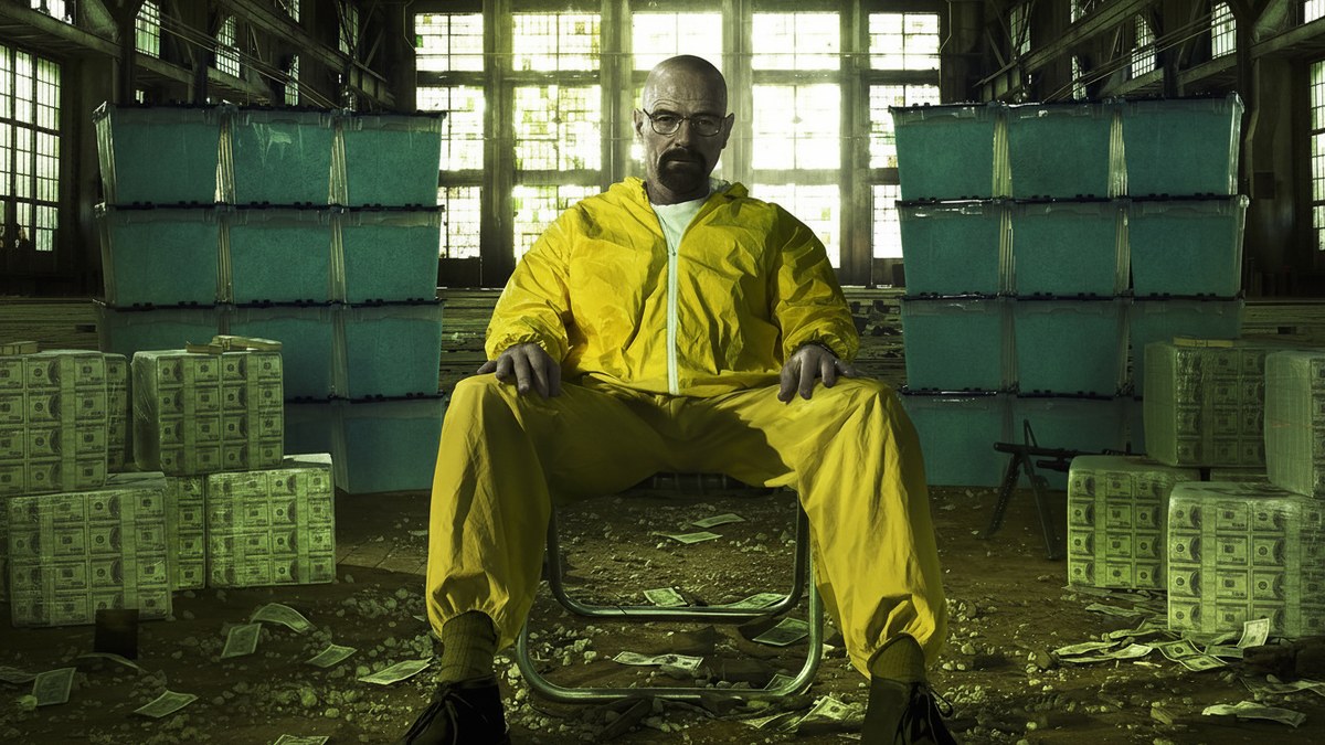 Walter White in the iconic yellow hazmat suit — Breaking Bad's defining image