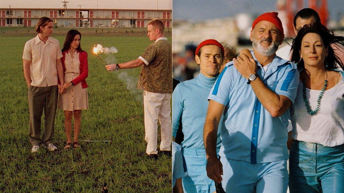 The Bottle Rocket trio sets off a sparkler in a Texas field; Team Zissou marches the docks in matching red beanies.